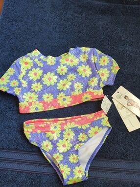 Peek Girls Two-Piece Multicolor Daisy Swim Set - Neon Yellow & Lavender 3T